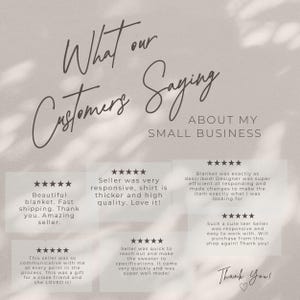 May include: A beige graphic with customer testimonials about a small business. The text includes phrases like "Beautiful blanket," "Seller was very responsive," and "Thank You!" with a heart symbol.