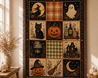 Vintage Halloween Woven Blanket, Patchwork Fall Throw, Witch Ghost Pumpkin Blanket, Spooky Cottagecore Decor Gift