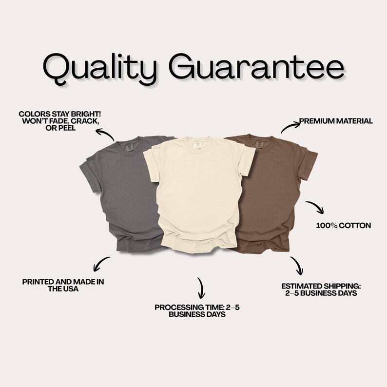 May include: Three short-sleeved t-shirts in gray, cream, and brown are displayed. The image includes text stating "Quality Guarantee", "Colors stay bright! Won't fade, crack, or peel", "Premium Material", and "100% Cotton". The shirts are printed and made in the USA.