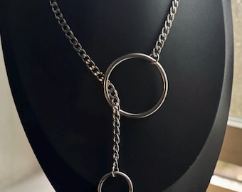 O-Ring Lariat Necklace, Gothic Chain Drop, Stainless Steel Alt Jewelry, Minimalist Statement