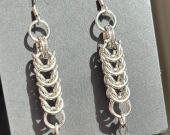 Gothic Chainmail Earrings with Emerald Green Crystal Drop, Alt Dangle Earrings, Handmade Stainless Steel Jewelry, Dark Feminine Style