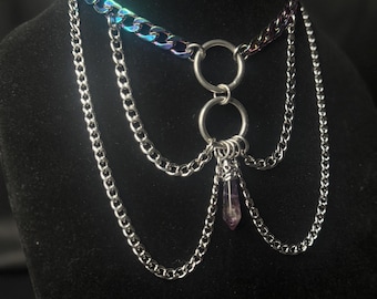 Victorian Gothic Chain Choker with Amethyst Point - Handmade Stainless Steel Statement Necklace