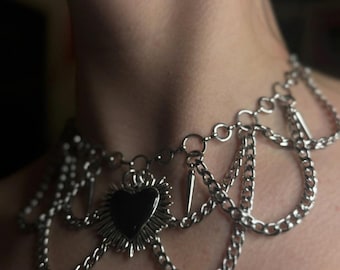 Layered Stainless Steel Choker Necklace, Black Heart Statement Jewelry