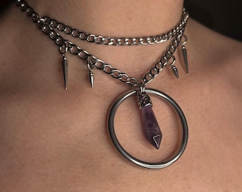 Amethyst Warden Choker, Stainless Steel Layered Gothic Necklace, Amethyst Point Pendant