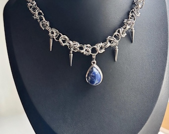 Handwoven Sodalite Choker, Byzantine Stainless Steel, Gothic Spike Pendant Necklace