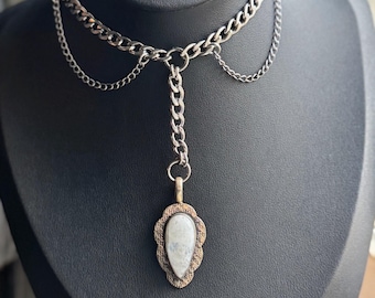 Handmade Moonstone Gothic Necklace, Layered Stainless Steel Chain, Dark Feminine Jewelry