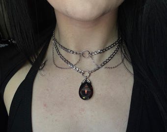 Vintage Swarovski Red Crystal Gothic Choker -Layered Dark Romance Chain Necklace - Vampire gothic Jewelry