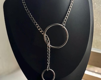O-Ring Lariat Necklace, Gothic Chain Drop, Stainless Steel Alt Jewelry, Minimalist Statement
