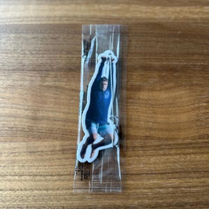 May include: A white car air freshener with a photo of a person hanging from a rope. The person is wearing a blue shirt and blue shorts. The text "ENJOY EVERY MOMENT" is printed on the air freshener.