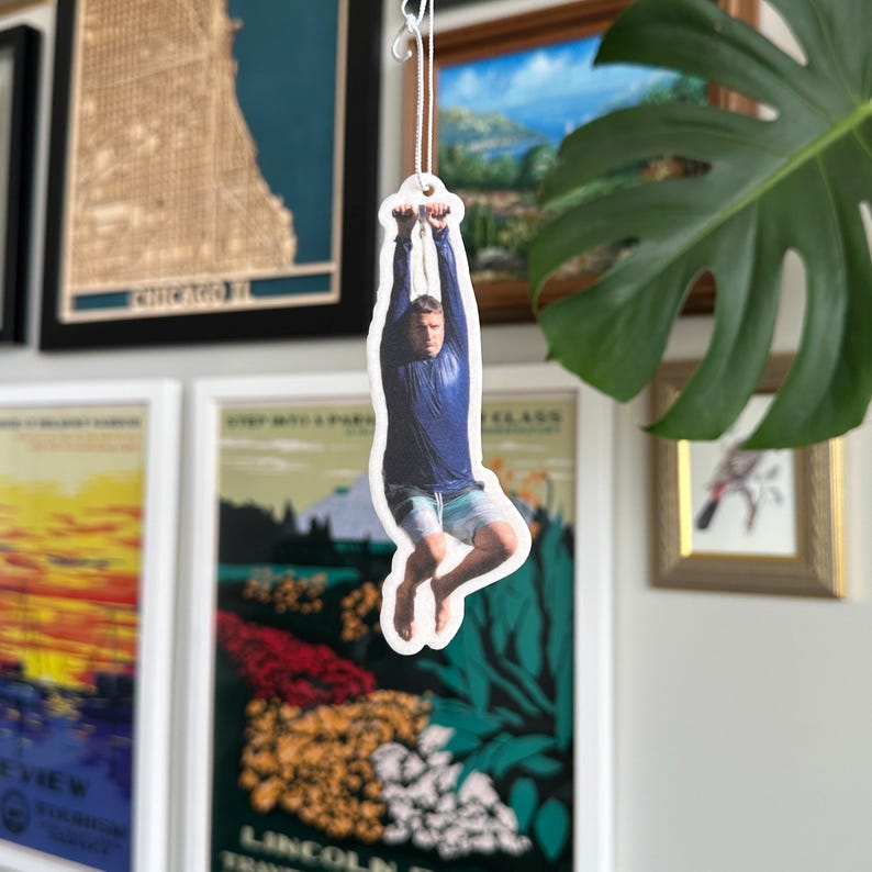 May include: A white car air freshener with a photo of a person hanging from a rope. The person is wearing a blue shirt and shorts.