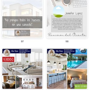 May include: A collage of four images showcasing real estate properties. The first image features a house with the text "No pongas todos los huevos en una canasta." and a real estate agent's contact information. The second image features a laptop, a coffee cup, and a handwritten note that says "Revisión del Cliente". The third image shows a living room with a couch, a coffee table, and a television. The text "VENDIDO" is displayed in red. The fourth image shows a kitchen with a breakfast bar, a bedroom with a bed, and a swimming pool. The text "NUEVO LISTADO" is displayed in red.
