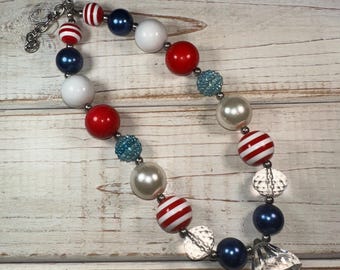 Red, White, Blue, Fourth Of July Kids Chunky Adjustable Necklace