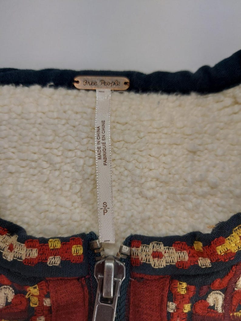 Free People Boho Boucle Bell Oversized Two Faced Embroidered Blue Red Jacket S image 11