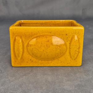 May include: A rectangular, ceramic planter in a speckled, mustard yellow color. The planter features a raised oval design in the center of the front and vertical oval designs on each side. The interior is hollow and open.
