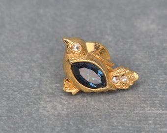 Vintage Avon Lapel With Blue Crystal & Rhinestones Gold Tone Bird