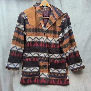Vintage 80-tals aztekisk western Jofeld Toggle-kappa i ullblandning med läder och huva, dam, M