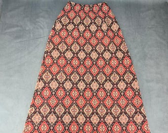 Vintage 70er Jahre Boho Hippie Rock Lurex A-Linie Maxi Rock Verzierter Geometrischer Druck XS/S