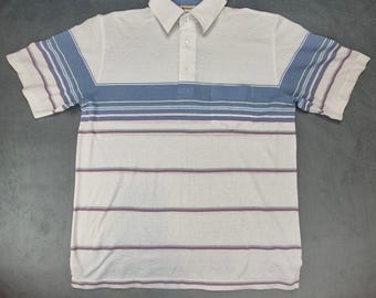 London Fog Blau Gestreiftes Poloshirt Herren Vintage Shirt Ärmel Fronttasche Shirt L