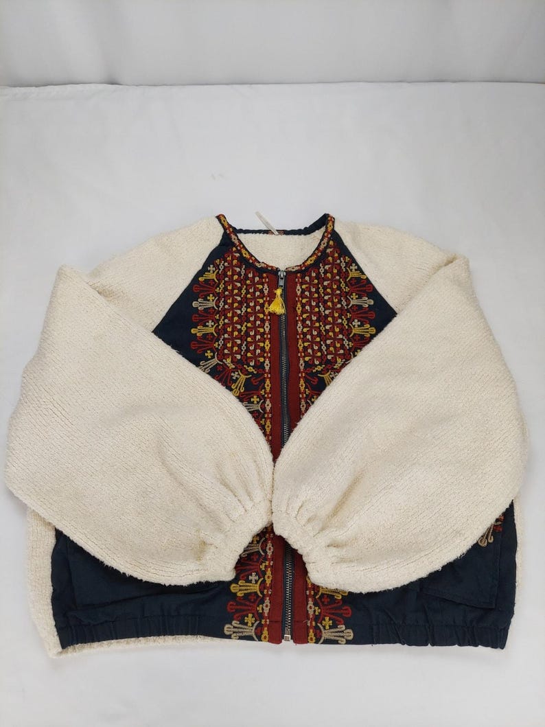 Free People Boho Boucle Bell Oversized Two Faced Embroidered Blue Red Jacket S image 4