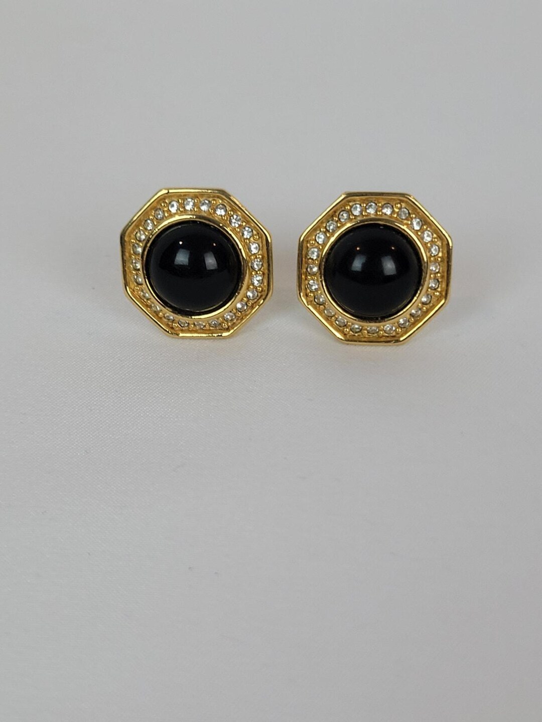 Vintage Napier Haxagonal Gold Tone, Black Enamel & Rhinestone Post ...