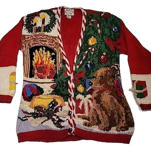 Vintage Heirloom Ugly Christmas Holiday Bell Dog Knit Sweater Cardigan Womens L
