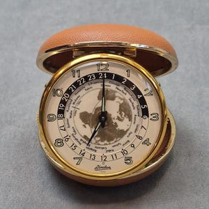 Vintage Linden Travel Alarm Clock #525 with World Map Time Zones - Tested, Works