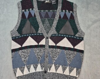 Impact Vintage 80s Button Up Sweater Vest Geometric Grandpa Leather Trim Men's L