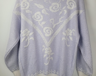 Vintage Lavender Knit Floral Rose Sweater Grandmacore Ugly Sweater Sz S