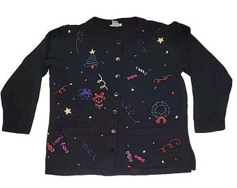 Vintage Talbots Women’s Sweater Black Medium Christmas Decoration Candy Wreath M