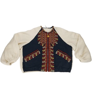 Free People Boho Boucle Bell Oversized Two Faced Embroidered Blue Red Jacket S image 1