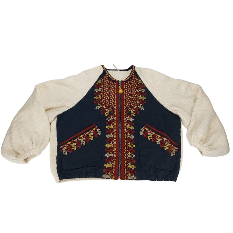 Free People Boho Boucle Bell Oversized Two Faced Embroidered Blue Red Jacket S image 1