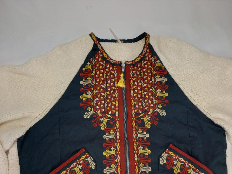 Free People Boho Boucle Bell Oversized Two Faced Embroidered Blue Red Jacket S image 6