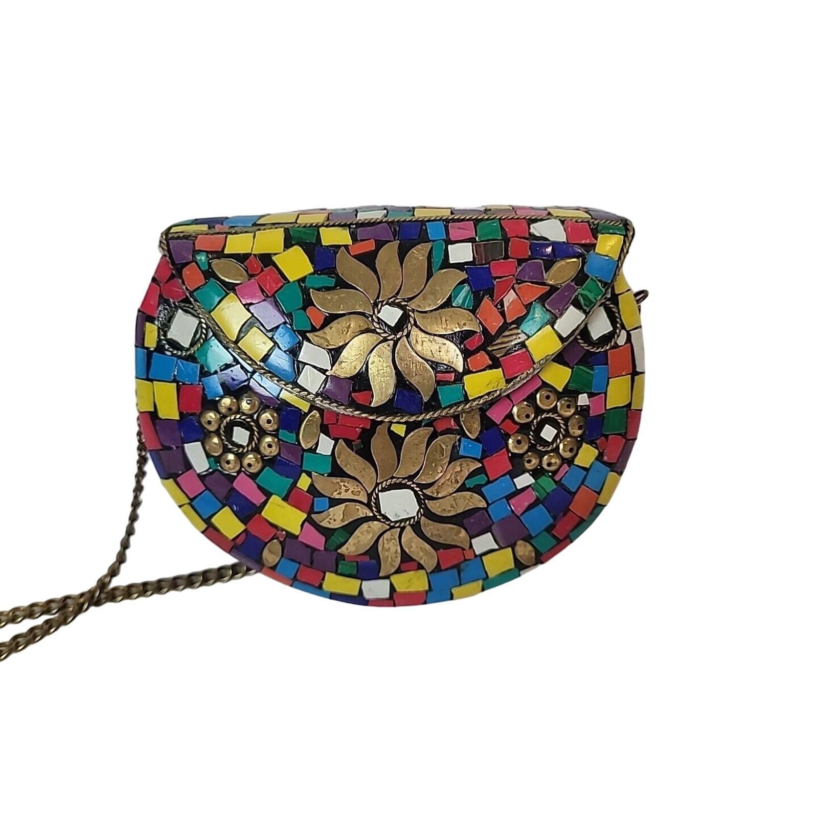 Vtg Himalayan Handmade Tibetan Mosaic Inlay Boho Clutch Evening Bag Multicolor