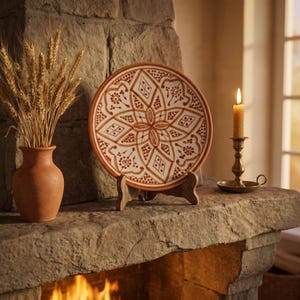 May include: A decorative ceramic plate with a brown and white geometric design, displayed on a wooden stand. A terracotta vase holds wheat stalks, and a lit candle in a brass holder sits nearby. The scene is set on a stone mantelpiece.