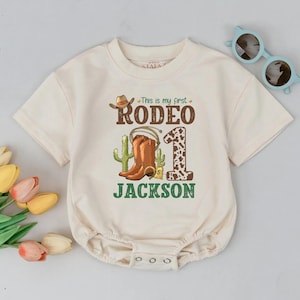 Personalized This is My First Rodeo Bubble Romper, Custom Name 1st Birthday Boy Bodysuit, Cowboy Theme Baby Shower Gift, Newborn Outfit