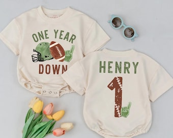 Personalized One Year Down T-shirt Bubble Romper, Custom Name First Birthday Outfit, Game Day Baby Bodysuit, Baby Sports Birthday Gift