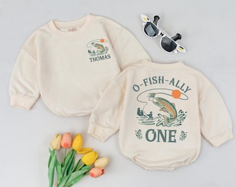 Custom Name O-Fish-Ally One Bubble Romper, Personalized Fishing Birthday Baby Outfit, One Year Old Bodysuit, Fishing Theme Baby Shower Gift