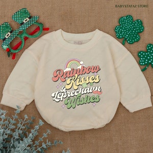 Rainbow Kisses Leprechaun Wishes St. Patricks Day Baby Romper, Newborn Saint Patrick&#39;s Day Clover Baby Gift, Baby Shamrock Outfit