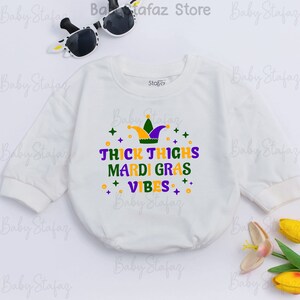 Thick Thighs Mardi Gras Vibes baby Outfit, Mardi Gras baby Romper, Mardi Gras Apparel, mardi gras parade, 1st mardi gras baby clothes