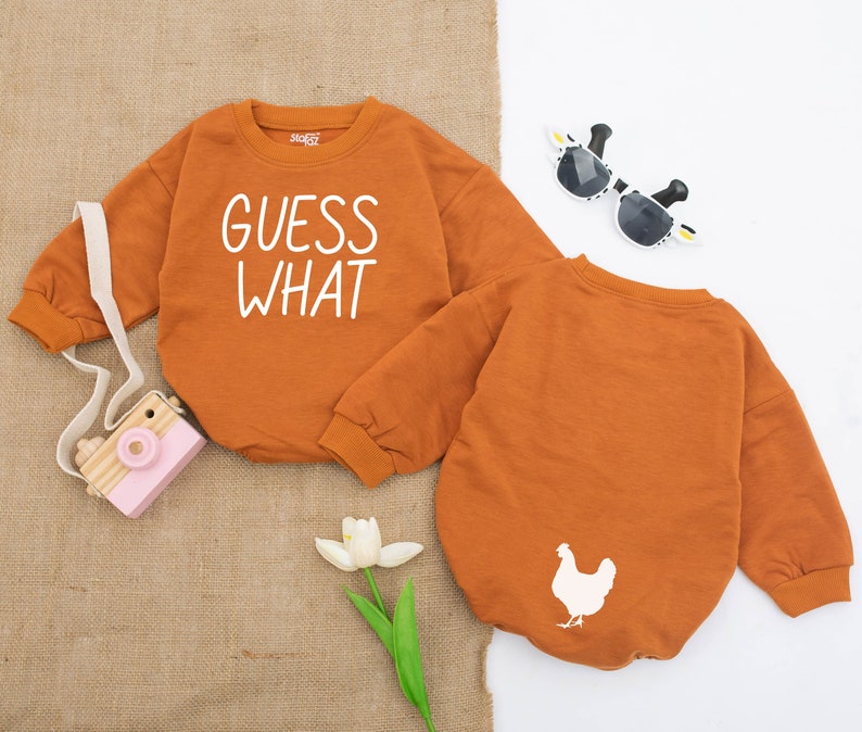 Guess What Chicken Butt Baby Romper, Funny Baby Bodysuit, Baby Shower Gift, Gender Neutral Baby Gift, Rae Dunn, Double Sided romper Brown