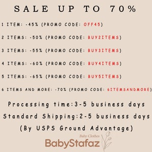 May include: A sale advertisement with a beige background and red text. The text reads "SALE UP TO 70%" and lists discounts for different quantities of items purchased. The discounts range from 45% to 70% and include promo codes for each discount. The text also includes information about processing time and standard shipping.