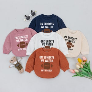 On Sundays We Watch football with Daddy, Fall Baby Clothes, Daddy's Girl, Football Season, Oversized Baby Romper, Football Outfit Kid
