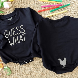 Guess What Chicken Butt Baby Romper, Funny Baby Bodysuit, Baby Shower Gift, Gender Neutral Baby Gift, Rae Dunn, Double Sided romper Black