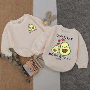 Our First Mother&#39;s Day Avocado Oversized Baby Romper, Personalized Mother&#39;s Day Baby Bodysuit, Gift from Baby, 1st Mothers Day Sleepsuit