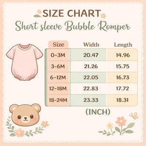 May include: A size chart for a short-sleeve bubble romper, with measurements in inches. The chart includes sizes 0-3M to 18-24M, with corresponding width and length measurements. A light pink romper and a cartoon bear are also shown.