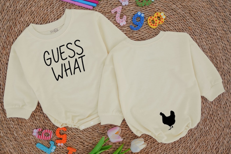 Guess What Chicken Butt Baby Romper, Funny Baby Bodysuit, Baby Shower Gift, Gender Neutral Baby Gift, Rae Dunn, Double Sided romper Natural