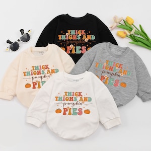 Thick Thighs And Pumpkin Pies Baby Romper, Funny Retro Fall Bodysuit, Chubby Baby Natural Bodysuit, Kid Fall Outfit, Thanksgiving Shirt