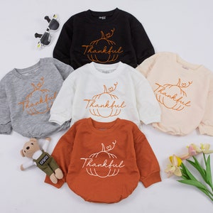 Thankful Baby Romper, Thanksgiving Baby Outfit, Pumpkin Baby Romper, Baby Sweatshirt Romper, First Thanksgiving Outfit, Baby Shower