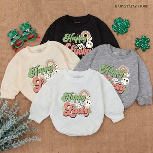 Happy Go Lucky St. Patricks Day Baby Romper, Patricks Baby Bodysuit, Newborn Saint Patrick&#39;s Day Clover Baby Gift, Baby Shamrock Outfit