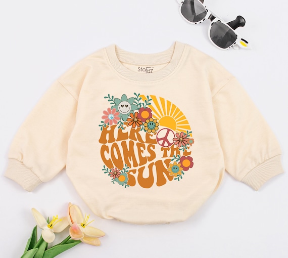 Here Comes The Sun Romper, Summer Baby Bodysuit, Cute Beatles Clothes, Boho Baby Bodysuit, Baby Clothes, Baby Shower Gift, Newborn Clothes